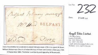 1796 (Feb 7) Entire letter from W. Ravenscroft at Purdysburn, posted from Belfast to Londonderry