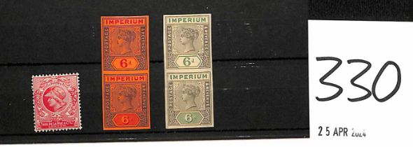 1891 De La Rue Imperium Proofs, two imperforate 6d vertical pairs on Crown CA paper, inscribed "