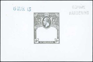1913 3/- Frame Die Proof in black on white glazed card, stamped "BEFORE / HARDENING" and dated "6