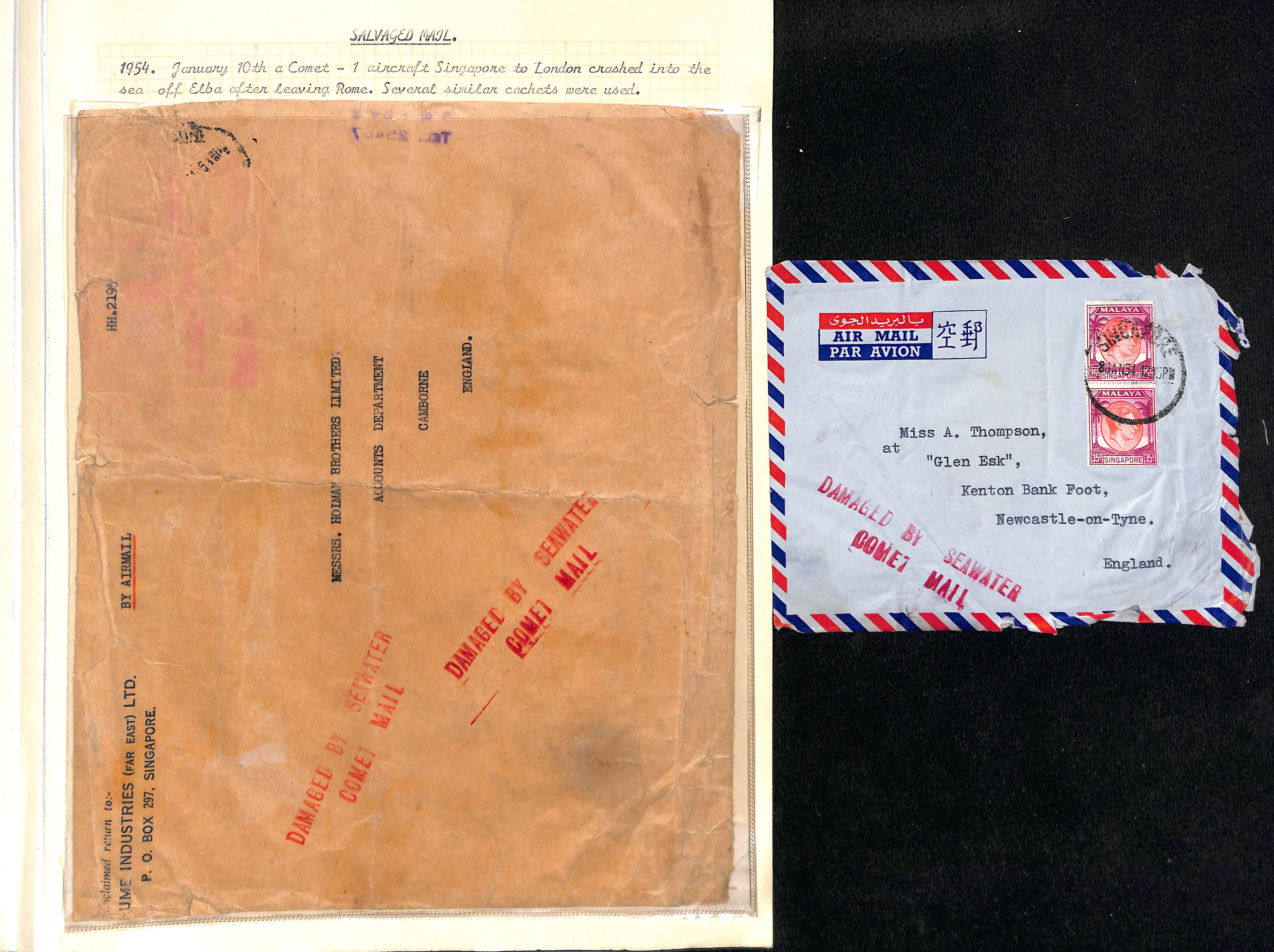1954 (Jan. 8) Covers from Singapore to G.B., both with the "T" below "Y" cachet, one with part
