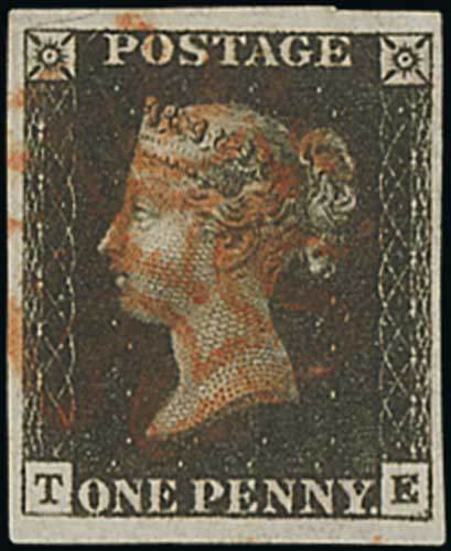 1840 1d Blacks, all plate 8, TE with a red Maltese Cross, AI, BB and OD with black Maltese