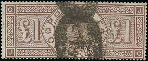 1888 £1 Brown-lilac, watermark orbs, JC with broken frame, used with a heavy Lombard Street