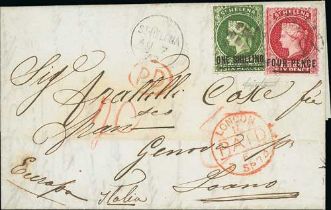 1873 (Aug 7) Entire letter to Italy franked 4d + 1/- (S.G. 15, 19) with cork cancels (Proud