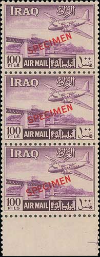 1949 3f - 100f Air set of eight overprinted "SPECIMEN", all in vertical strips of three as