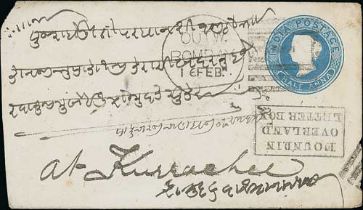 c.1880 ½a Envelope from Bombay to Kurrachee with boxed "FOUND IN / OVERLAND / LETTER BOX", the