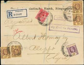 Late Fee. 1914 (Feb 27) Registered cover from Singapore to Aleppo, Syria, franked 73c, handstamped