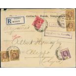 Late Fee. 1914 (Feb 27) Registered cover from Singapore to Aleppo, Syria, franked 73c, handstamped