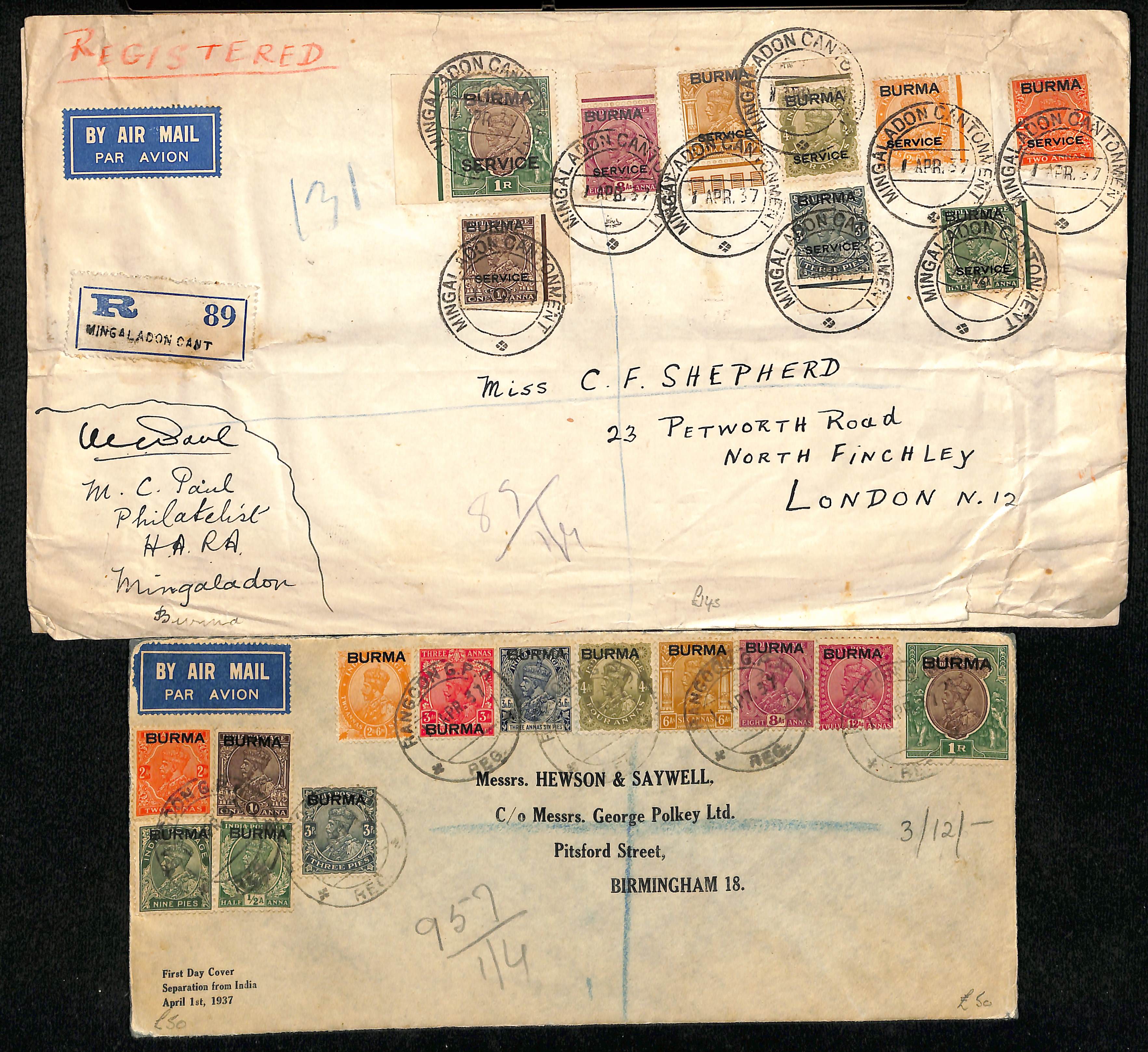 1937 (Mar 31 / Apr 1) Air Mail covers to G.B (6) or India, two with India stamps posted on the final