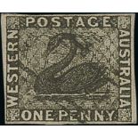 Western Australia. 1854-55 Imperf 1d black used, 4d plate blue and 1/- pale brown both unused no