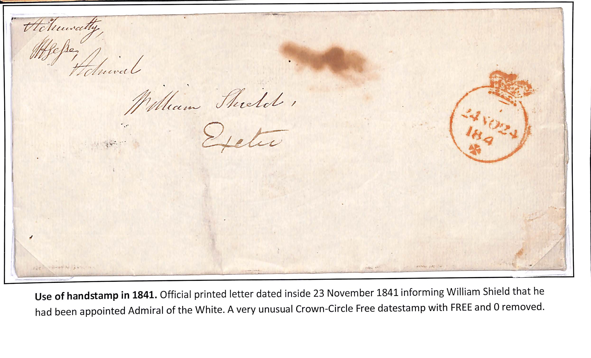 1841 (Nov 23) Entire letter from the Admiralty to William Shield in Exeter informing him of this