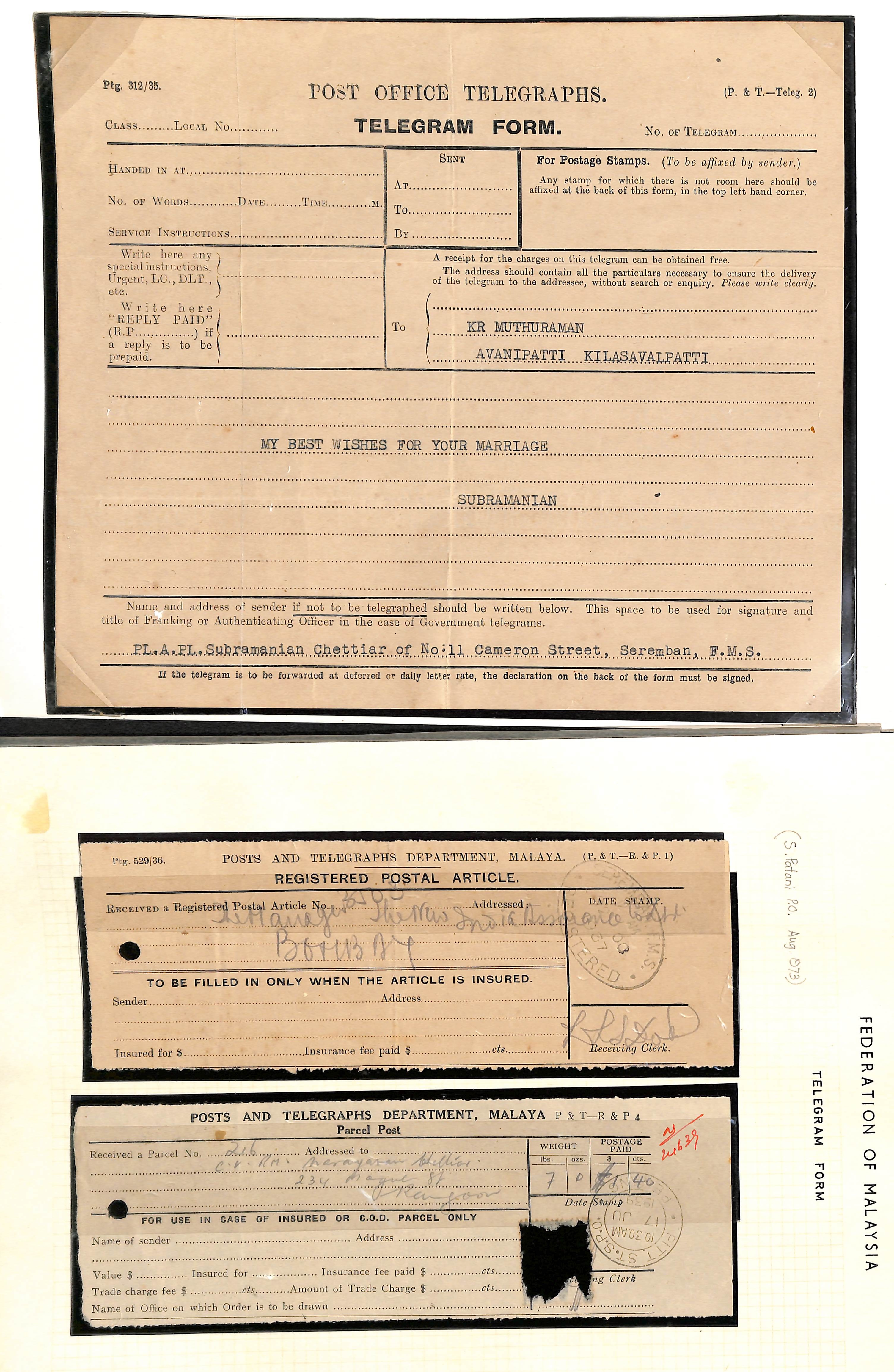 Telegrams. 1925-48 Telegram forms (21) and envelopes (16), mainly Straits but some from Johore, F. - Image 12 of 12