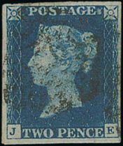 1840 1d Blacks, FL and GL plate 1a, the two stamps once a vertical pair, both just touched at