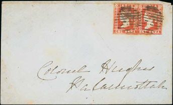 Madras District. 1856 (Aug 12) Cover to Palamcottah bearing two 1a stamps each cancelled by a circle