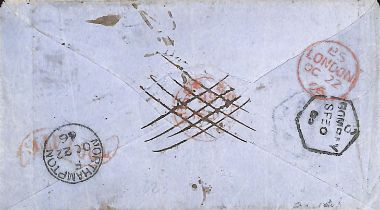 1868 Cover from Secunderabad, via Marseille, franked 4a8p with curved "INDIA UNPAID", boxed "