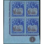 1927 2/- Purple and blue on blue, lower left corner plate block of four, the corner stamp with cleft