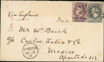1891 (Oct 13) Cover to Mexico franked 3d + 6d with cork cancels (Proud K62), St. Helena c.d.s,