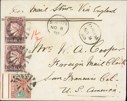 1890 (Nov 8) Cover to San Francisco franked 1884-94 3d vertical pair and 1890 1½d with fine cork