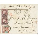 1890 (Nov 8) Cover to San Francisco franked 1884-94 3d vertical pair and 1890 1½d with fine cork