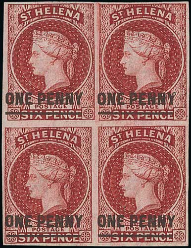 1863 1d Lake, type A surcharge, block of four, large margins, unused no gum, fine and scarce. S.G.