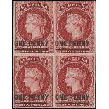 1863 1d Lake, type A surcharge, block of four, large margins, unused no gum, fine and scarce. S.G.