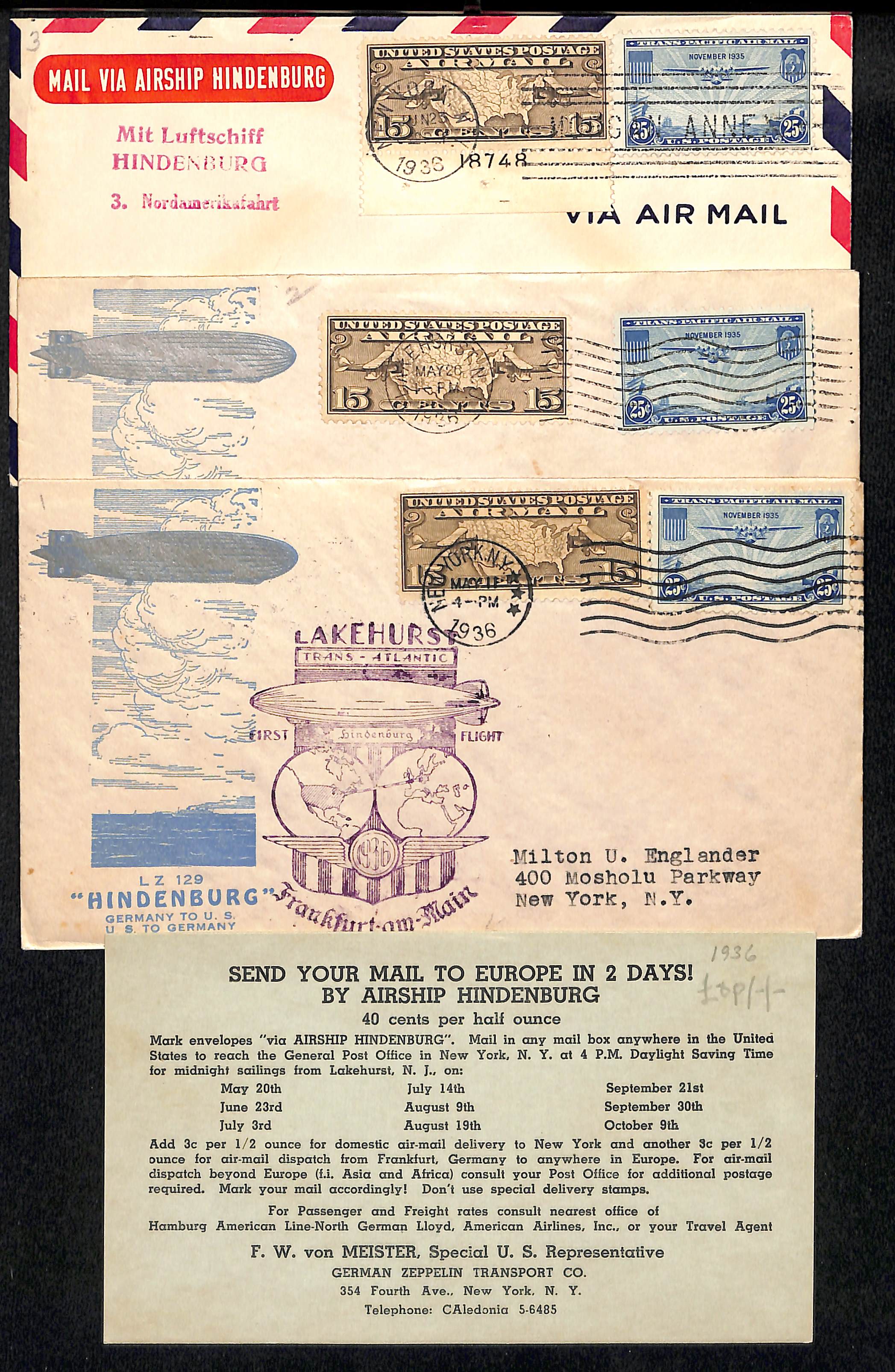 USA. 1936 (May-Oct) Covers carried on the ten "Hindenburg" Zeppelin flights from Lakehurst to - Image 2 of 2