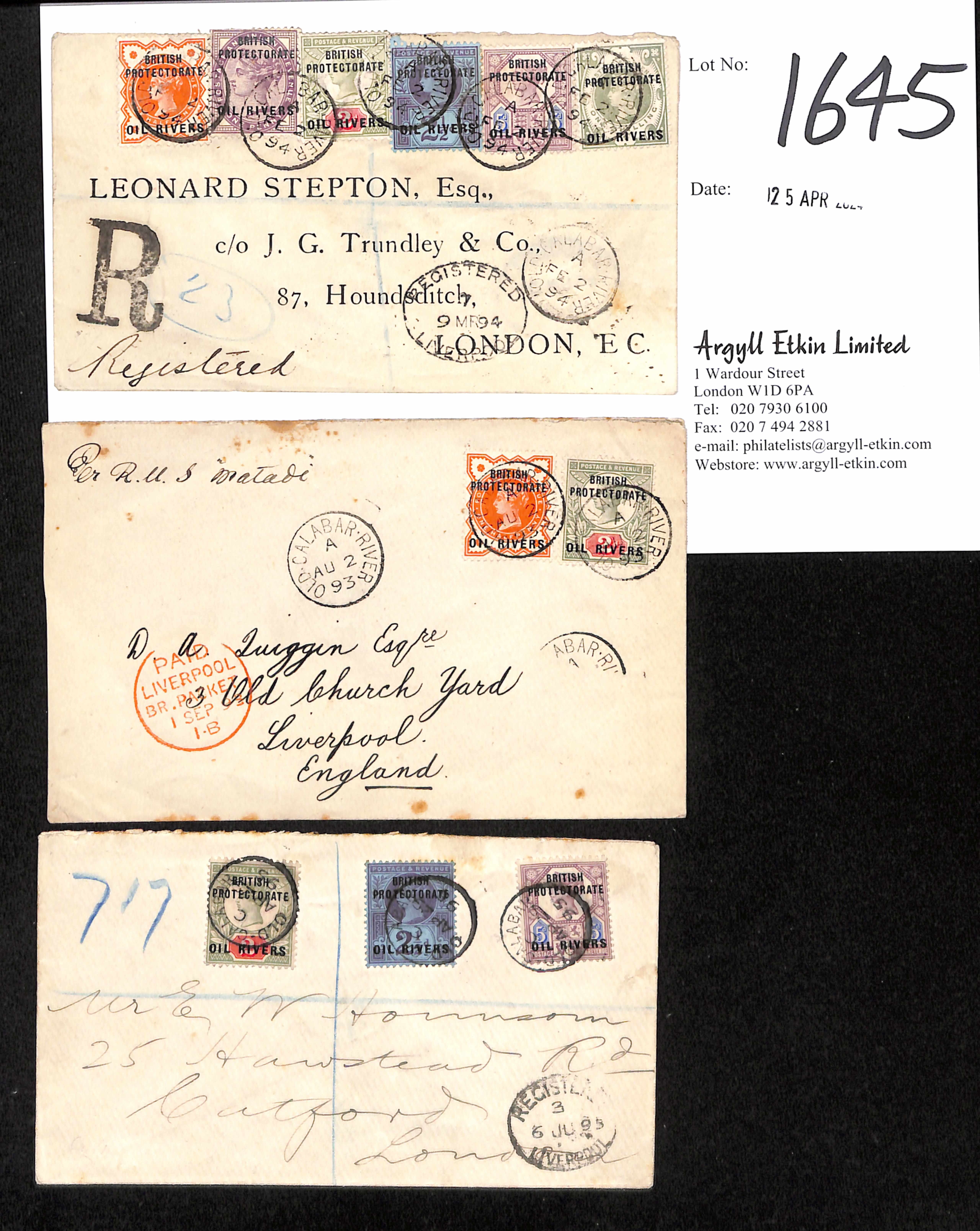 1893-95 Covers from Old Calabar to England, comprising registered cover franked 2d + 2½d + 5d, - Image 3 of 4