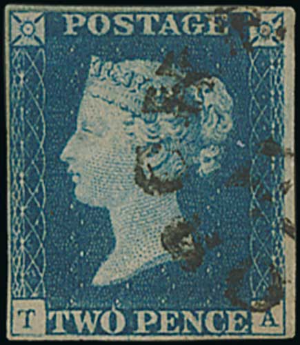 1840 2d Blue, TA plate 2, used with large part "DORCHE(STER)" town datestamp, also an imperf 1d