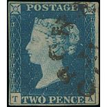 1840 2d Blue, TA plate 2, used with large part "DORCHE(STER)" town datestamp, also an imperf 1d