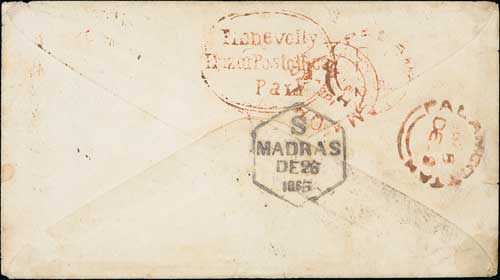Madras Circle. 1865 (Dec 2) Cover to England franked 4a + 2a + 8p each cancelled by triangular - Image 3 of 4