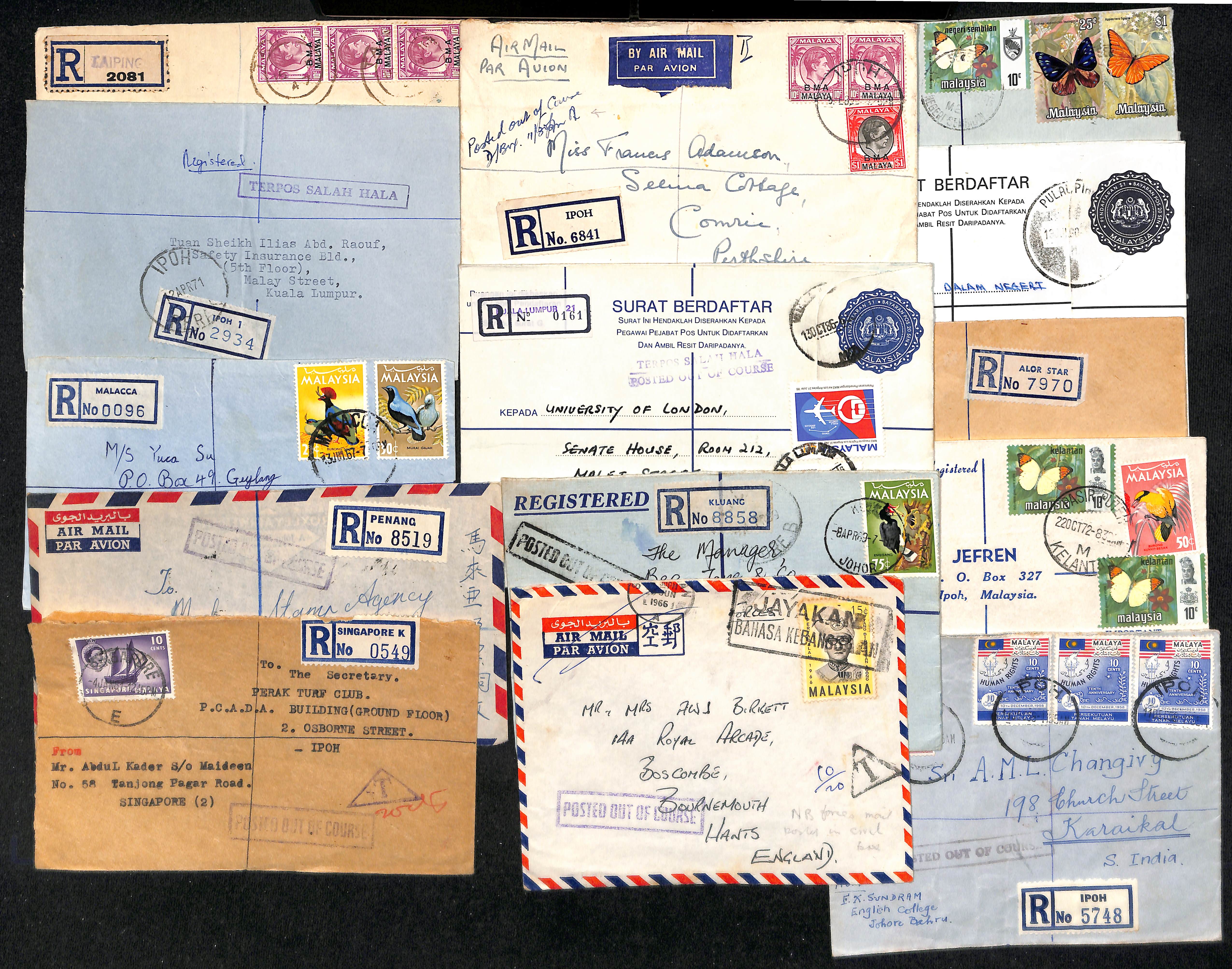 1947-90 Registered covers sent from or within Malaysia, all Posted Out of Course, various cachets, a