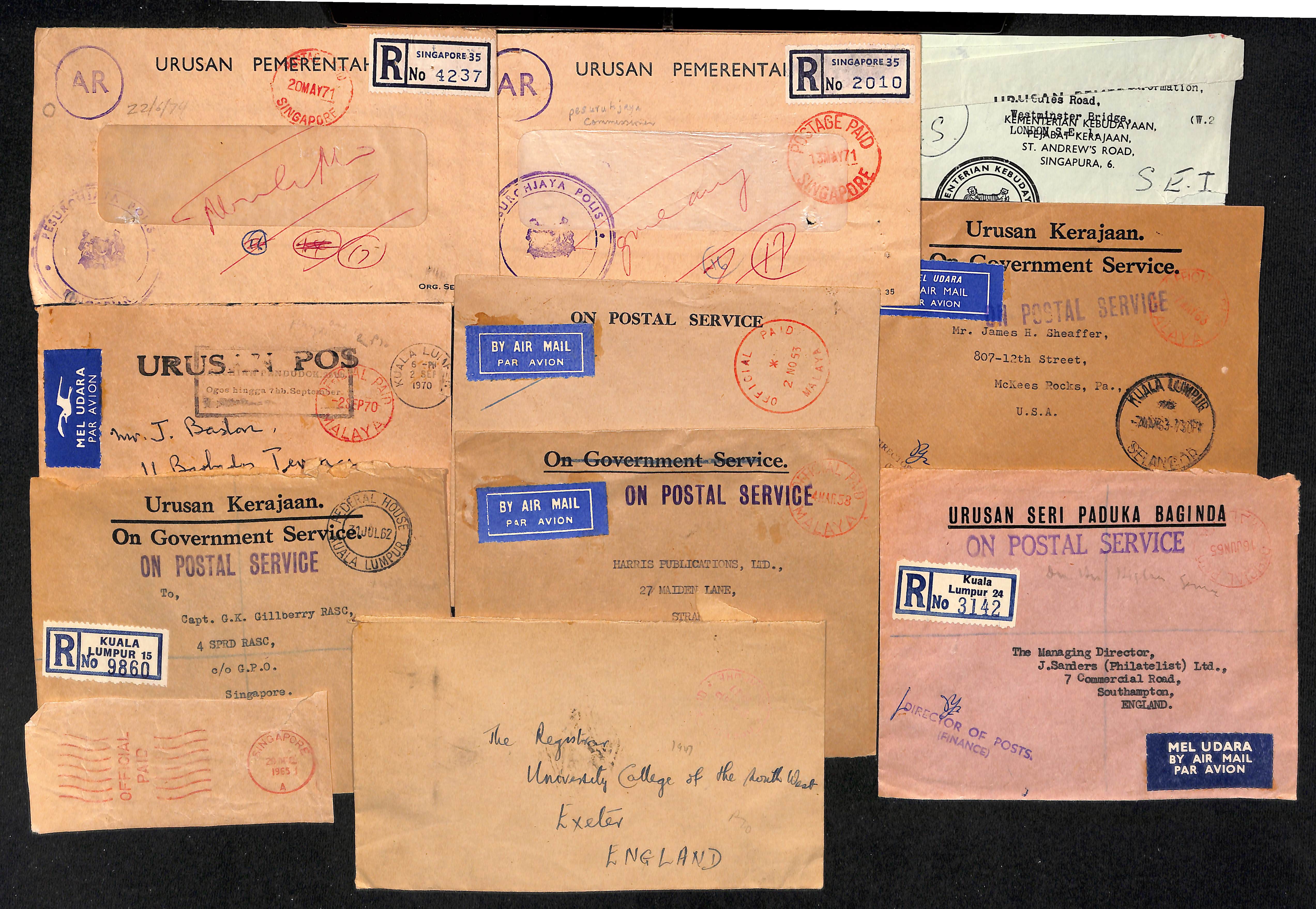 1930-86 Official mail from Singapore, Penang and other Malayan states, mainly stampless, various - Image 7 of 12