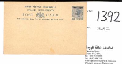 3 S 1891 Two Cents on 3c postcard, the stamp handstamped "SPECIMEN", type SS6, very rare.