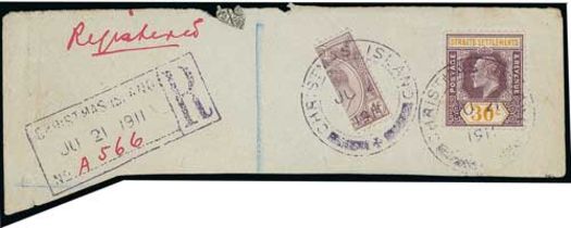 1904-11 KEVII Stamps (9) and pieces (9) all with type D2 "CHRISTMAS ISLAND" c.d.s, one piece franked