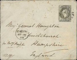 1888 (May 14) Cover to England franked 6d, tied by cork cancel (Proud K52), St. Helena c.d.s and