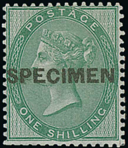 1856 1/- Deep Green overprinted "SPECIMEN" type 4 and 1862 3d carmine-rose overprinted "SPECIMEN"