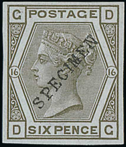 1878 Imperforate 6d grey, handstamped "SPECIMEN" type 9 diagonally, fine mint. S.G. J86s, £450. - Image 2 of 2