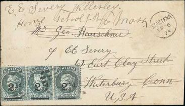 1894 (Sep 6) Cover to USA bearing 2½d strip of three with cork cancels (Proud K71) and St. Helena