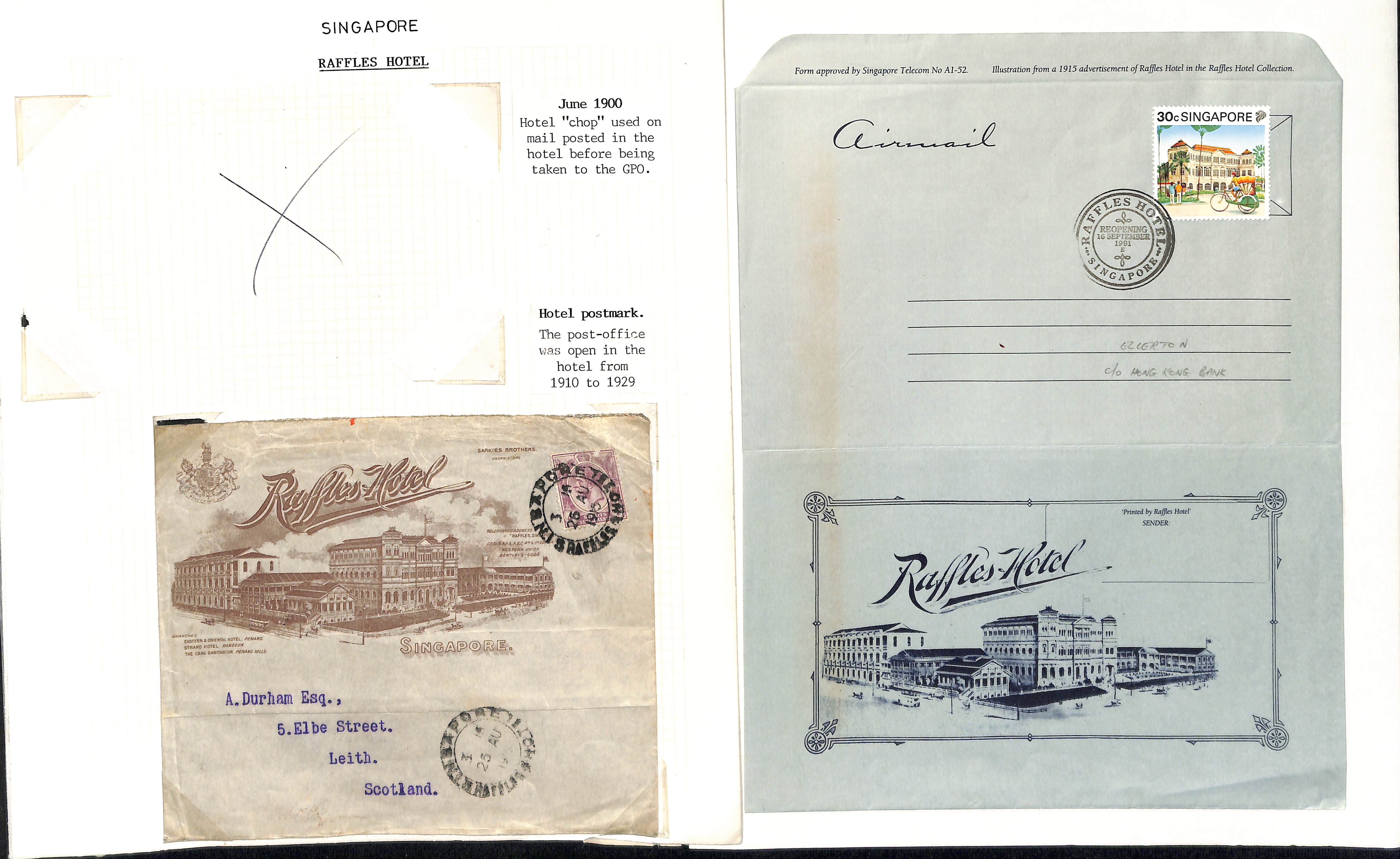 Raffles Hotel. 1910-29 Covers and cards (also two post-war covers), including 1915 Raffles Hotel