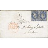 1875 (Dec 6) Cover to London with 6d dull blue pair each with a fine cork cancel (Proud K22), a