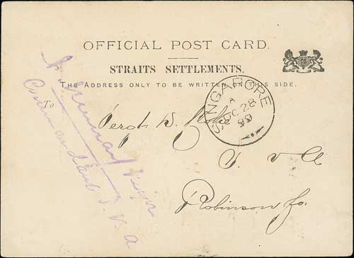 1899 (Oct 28) Official Post Card posted within Singapore, small royal arms at right, reverse with