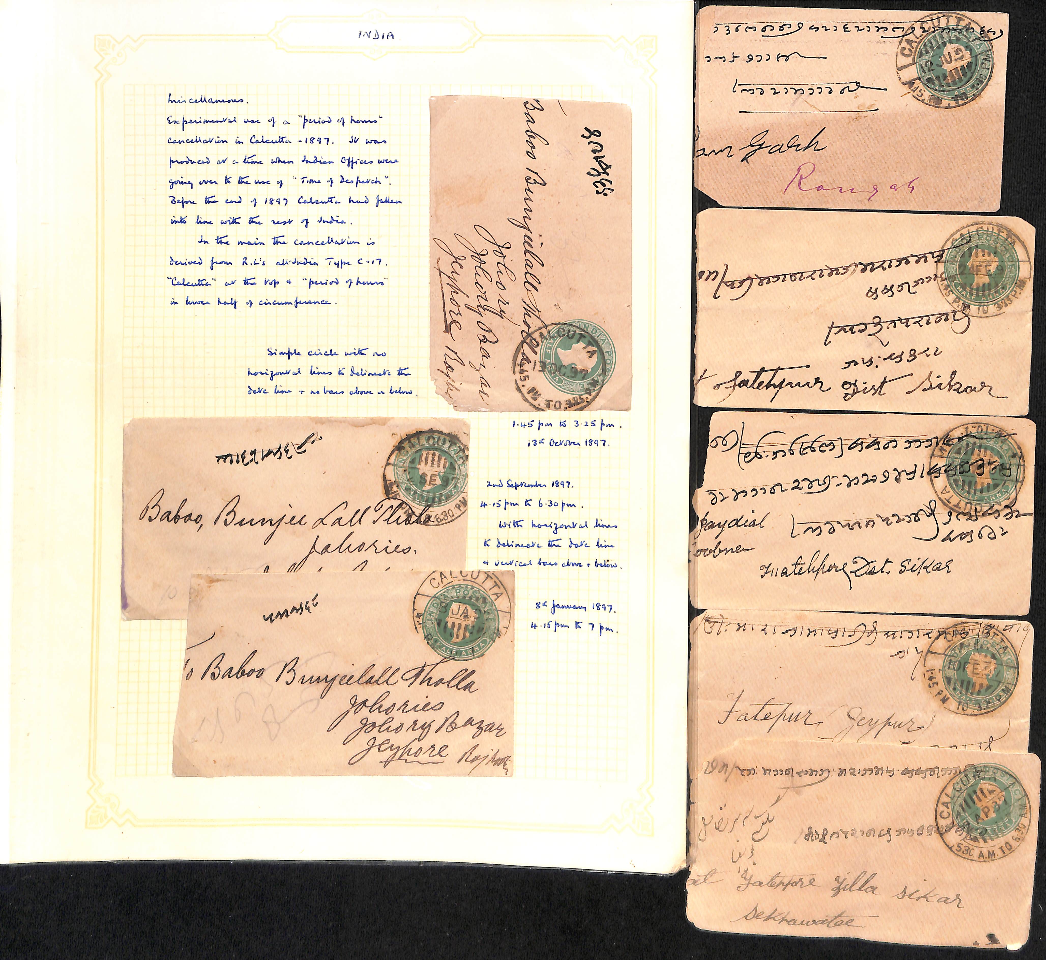 Calcutta - Experimental Time Datestamps. 1897 ½a Envelopes or ¼a postcards with single or double