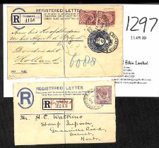 Orchard Road. 1915-23 Registration envelopes to Europe, the first bearing Singapore registration