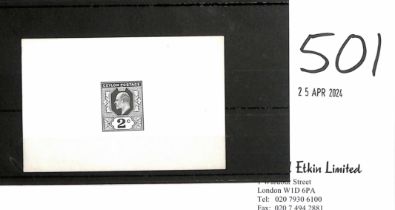 1903 KEVII 2c Stamp Die Proof in black on white glazed card, 92x60mm, very fine. This 2c value stamp