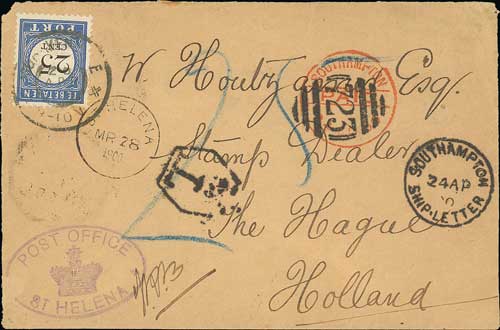 1900 (Mar 28) Stampless cover to a stamp dealer in Holland with violet oval "POST OFFICE / (crown) /