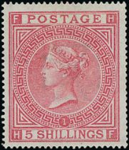 1867 5/- Rose, plate 1, watermark Maltese Cross, HF mint with superb colour and centreing, rare in