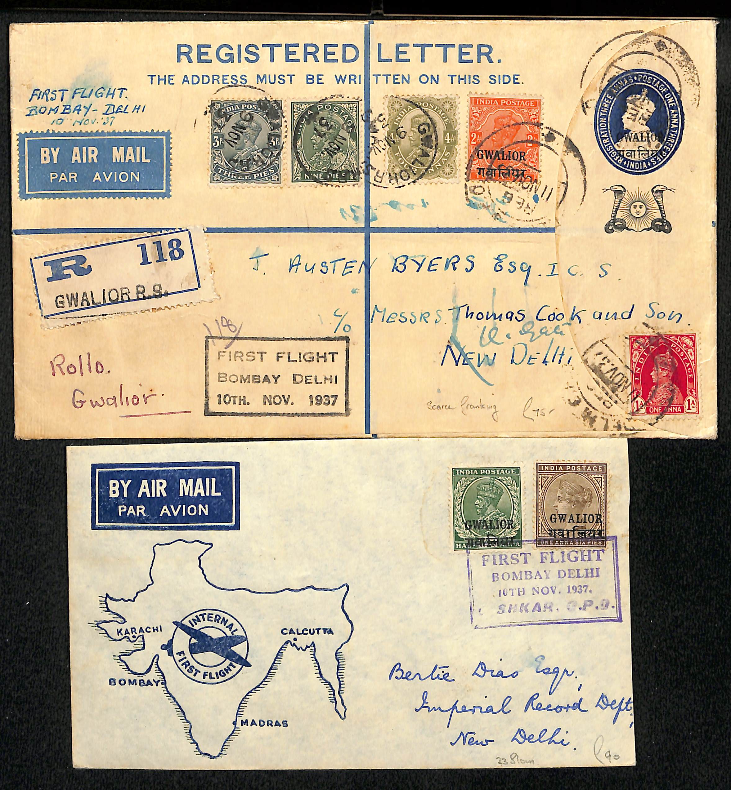 1937 (Nov 10) Gwalior to Delhi, first return flight by Tata, cover with Gwalior overprint QV