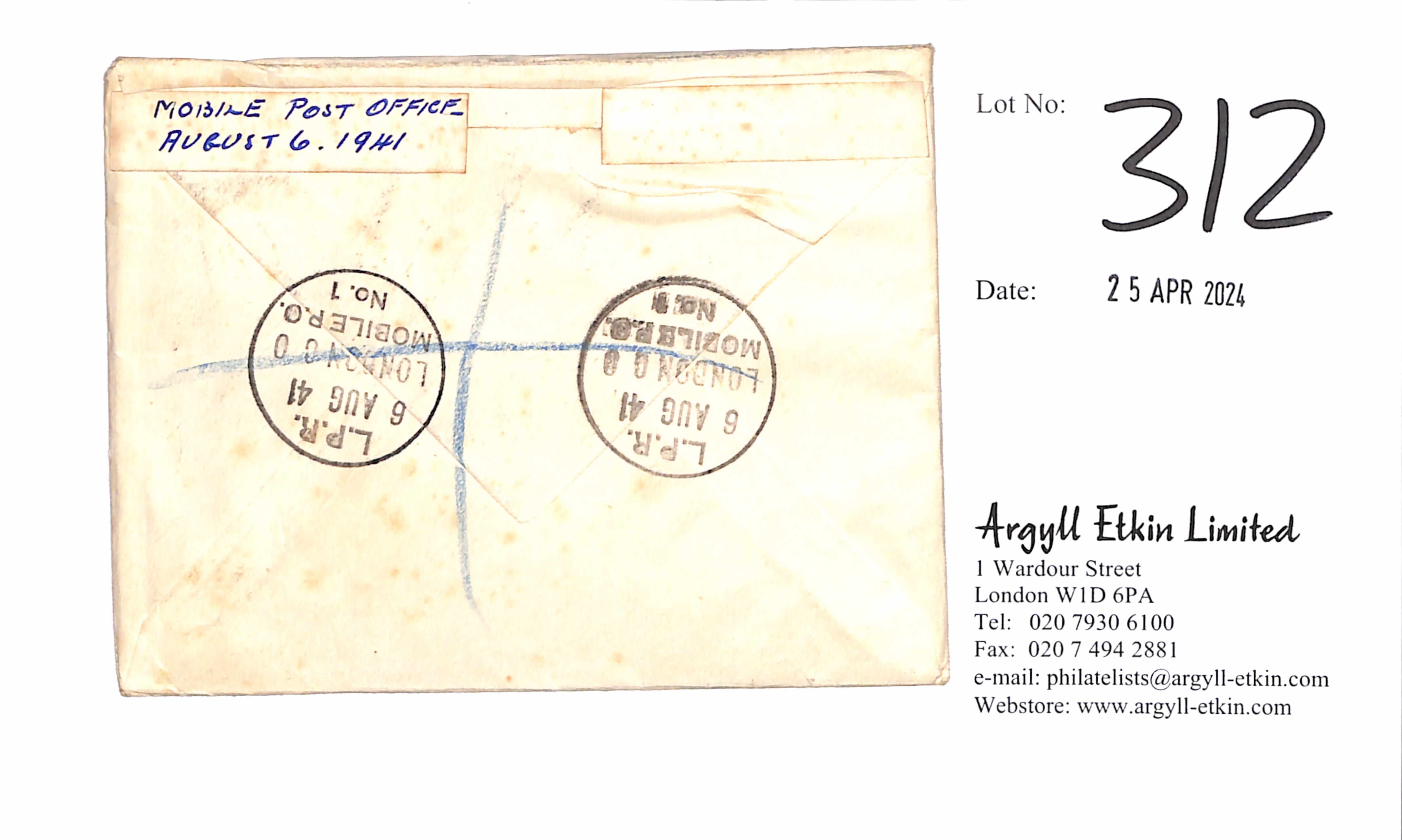 G.B. 1941 (Aug 6) Registered cover franked ½d + 5d, each cancelled by the unusual "L.P.R / 6 AUG - Image 2 of 2