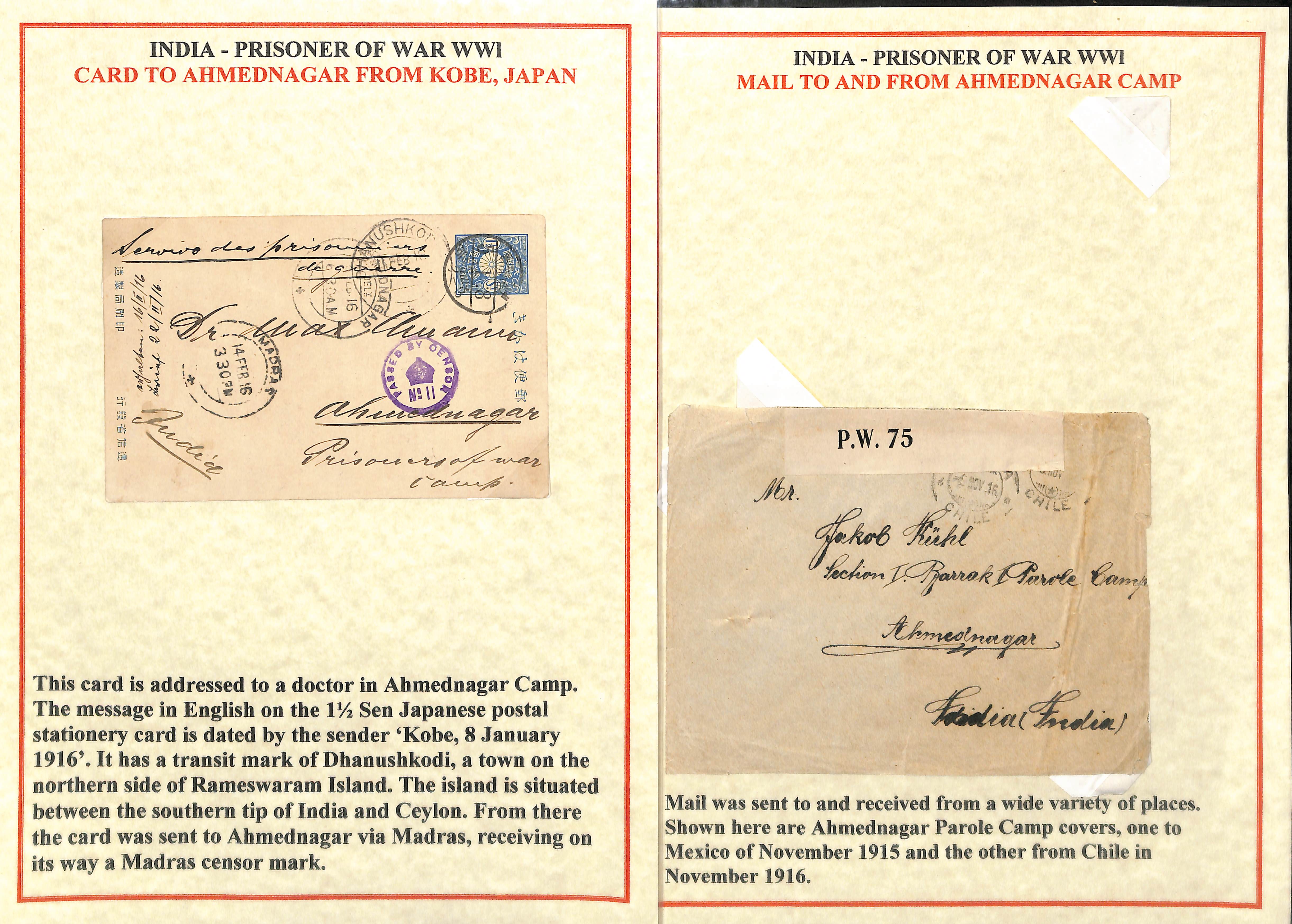 Ahmednagar. 1914-19 Covers and cards to P.O.Ws at Ahmednagar including Japan 1½s postal stationery - Image 2 of 5