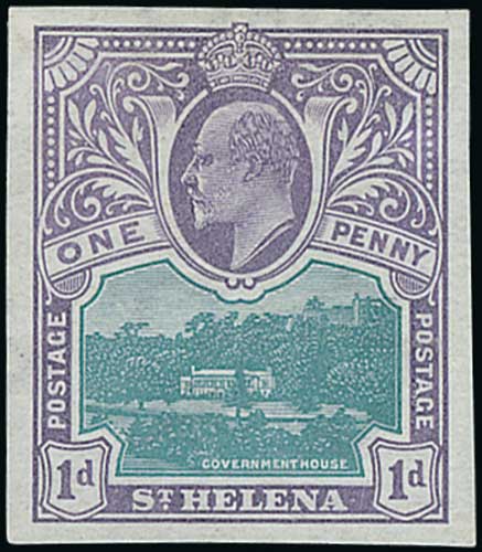 1903 1d Imperforate colour trial in green and dull purple, on Crown CA sideways watermarked paper,