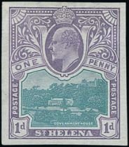 1903 1d Imperforate colour trial in green and dull purple, on Crown CA sideways watermarked paper,